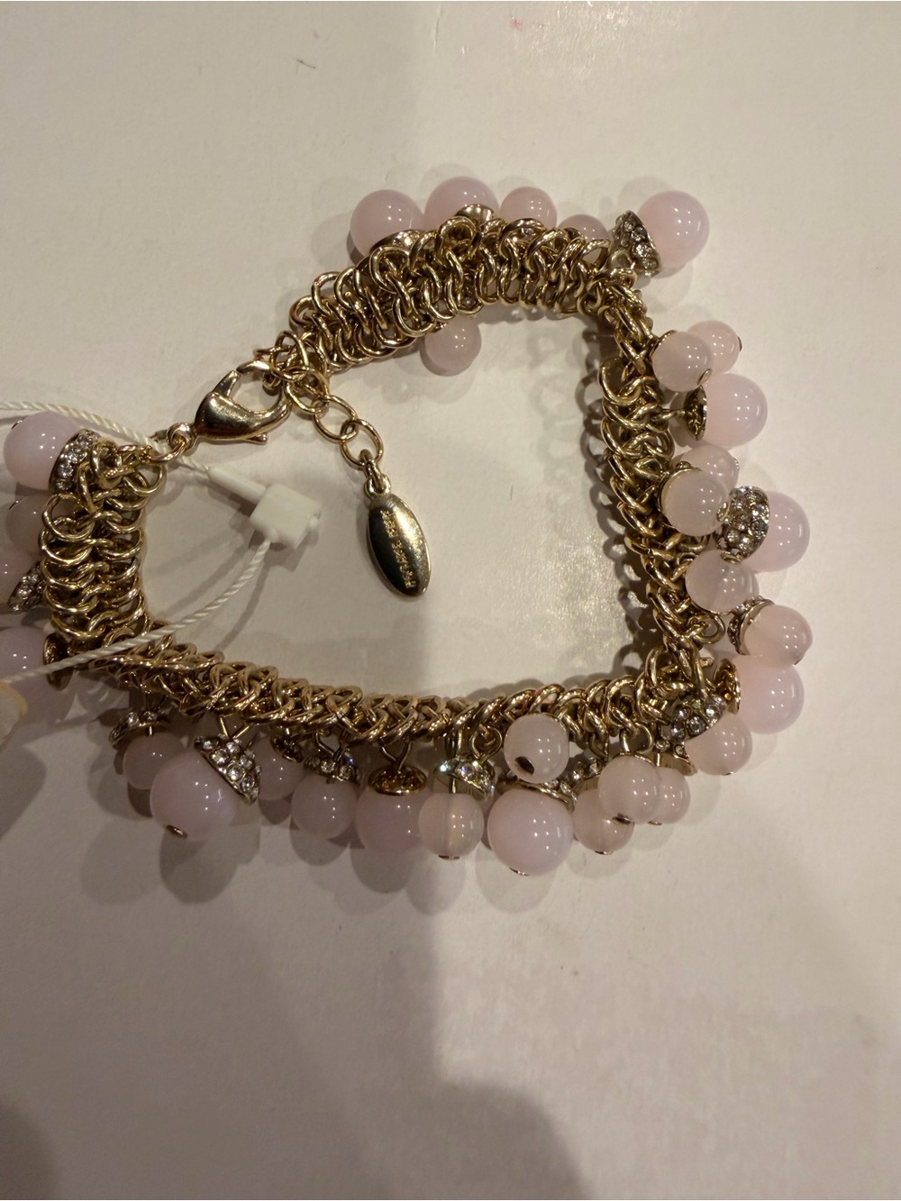 Ann Taylor Gold Chain Charm Bracelet with Light Pink Beads NWT